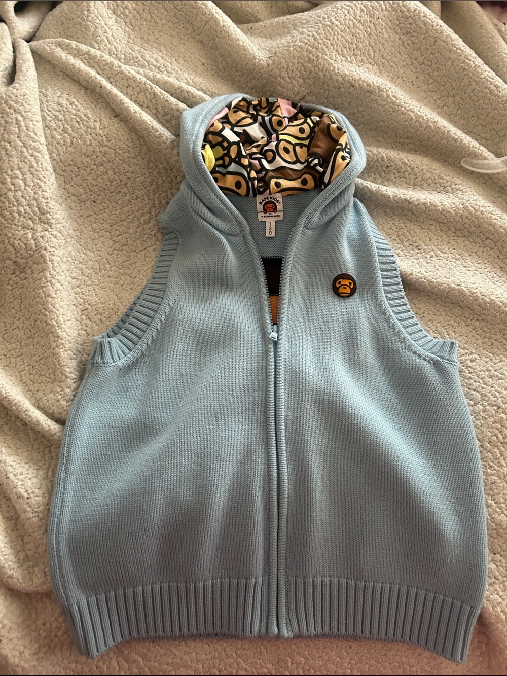 Bape Kids Light Blue Hooded Vest with Signature Ape Print Lining